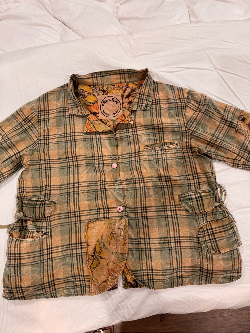 Plaid Patchwork Jean Jacket in Olive & Tan - Free People